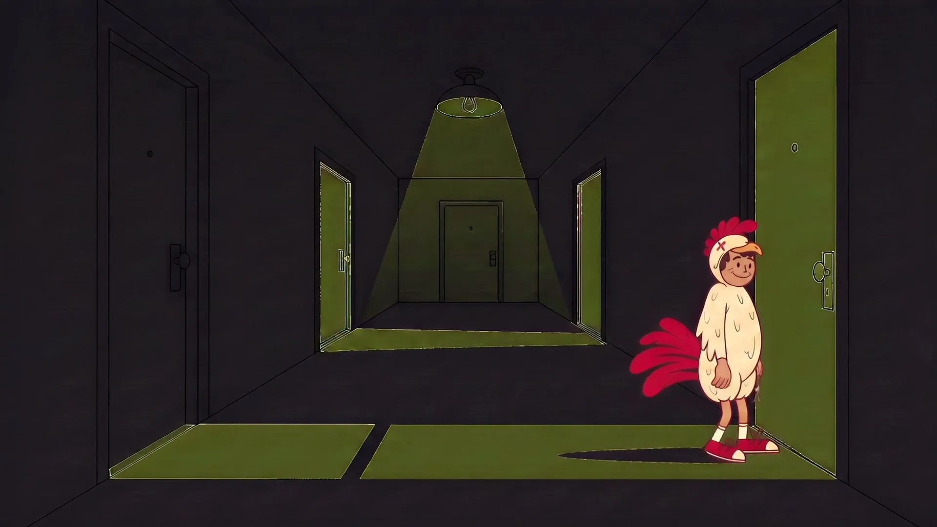 Eggbert in his chicken suit coming home down a dark corridor