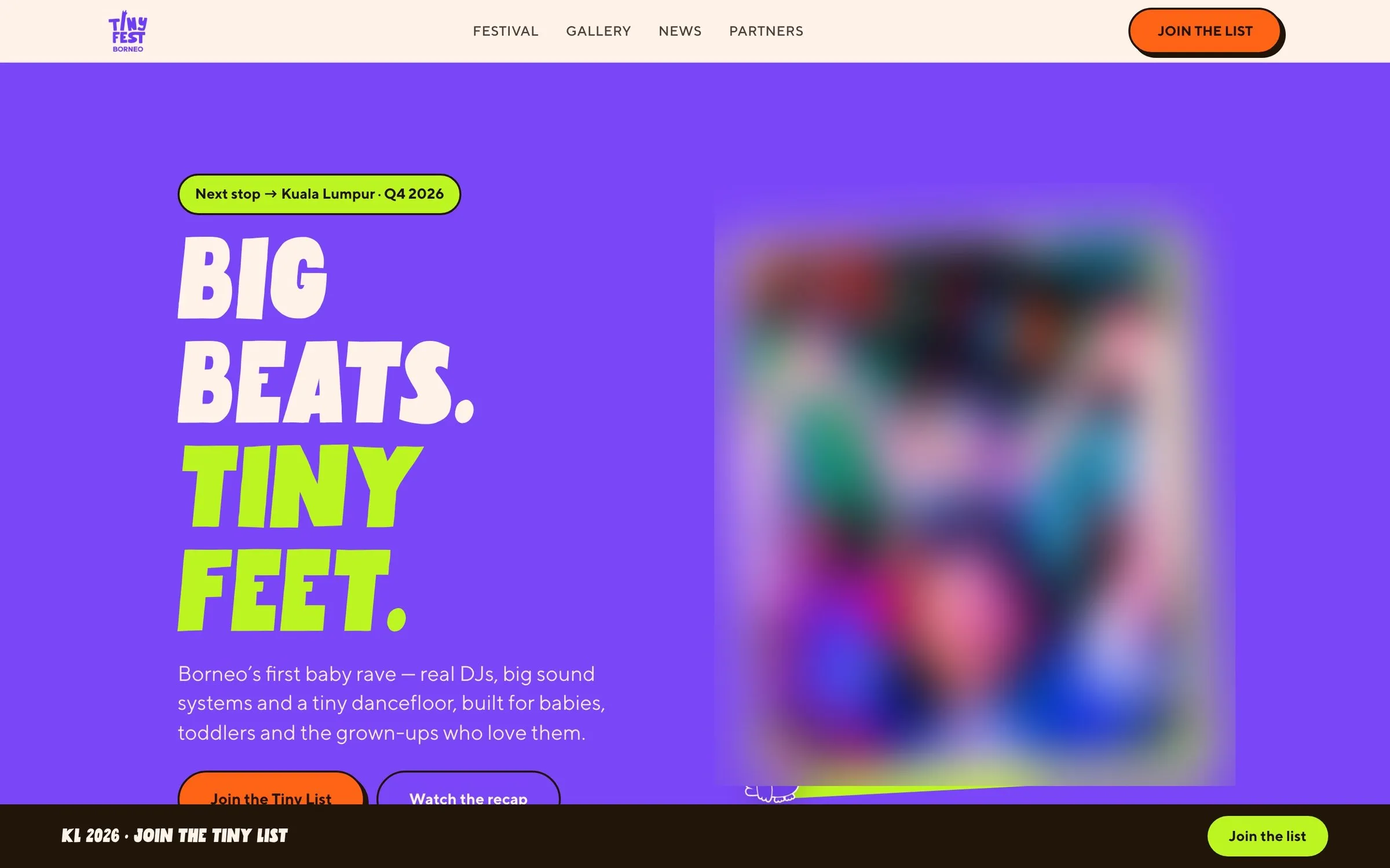 The TinyFest Borneo home page with the headline big beats, tiny feet