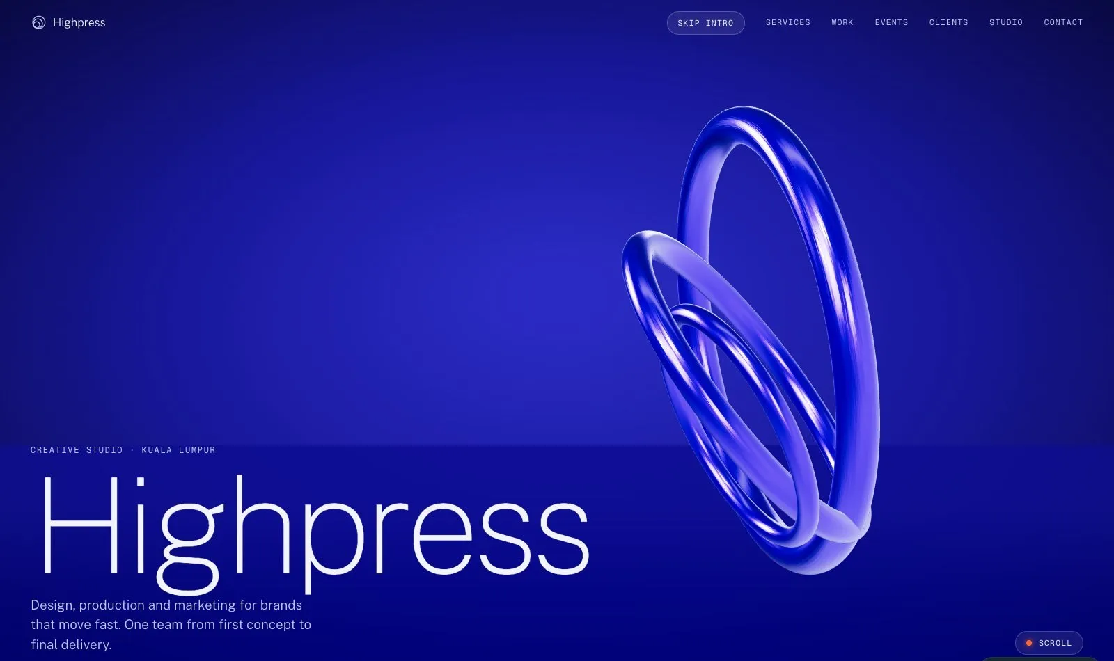 The Highpress home screen, a chrome ring mark turning in deep blue beside the word Highpress