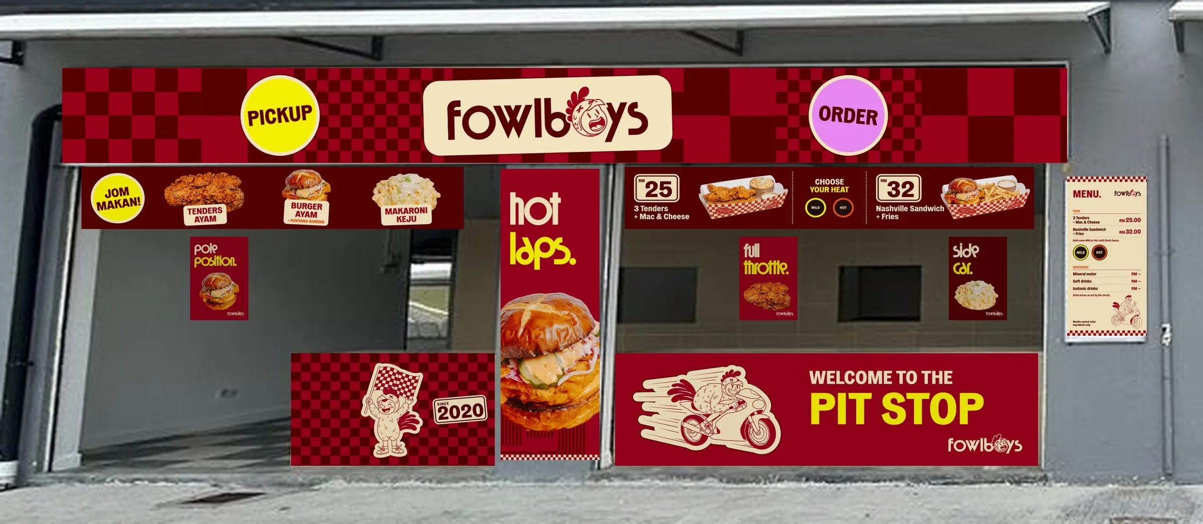 The Fowlboys kiosk dressed in red and oxblood checks, with pickup and order signs, a hot laps pillar and a welcome to the pit stop counter
