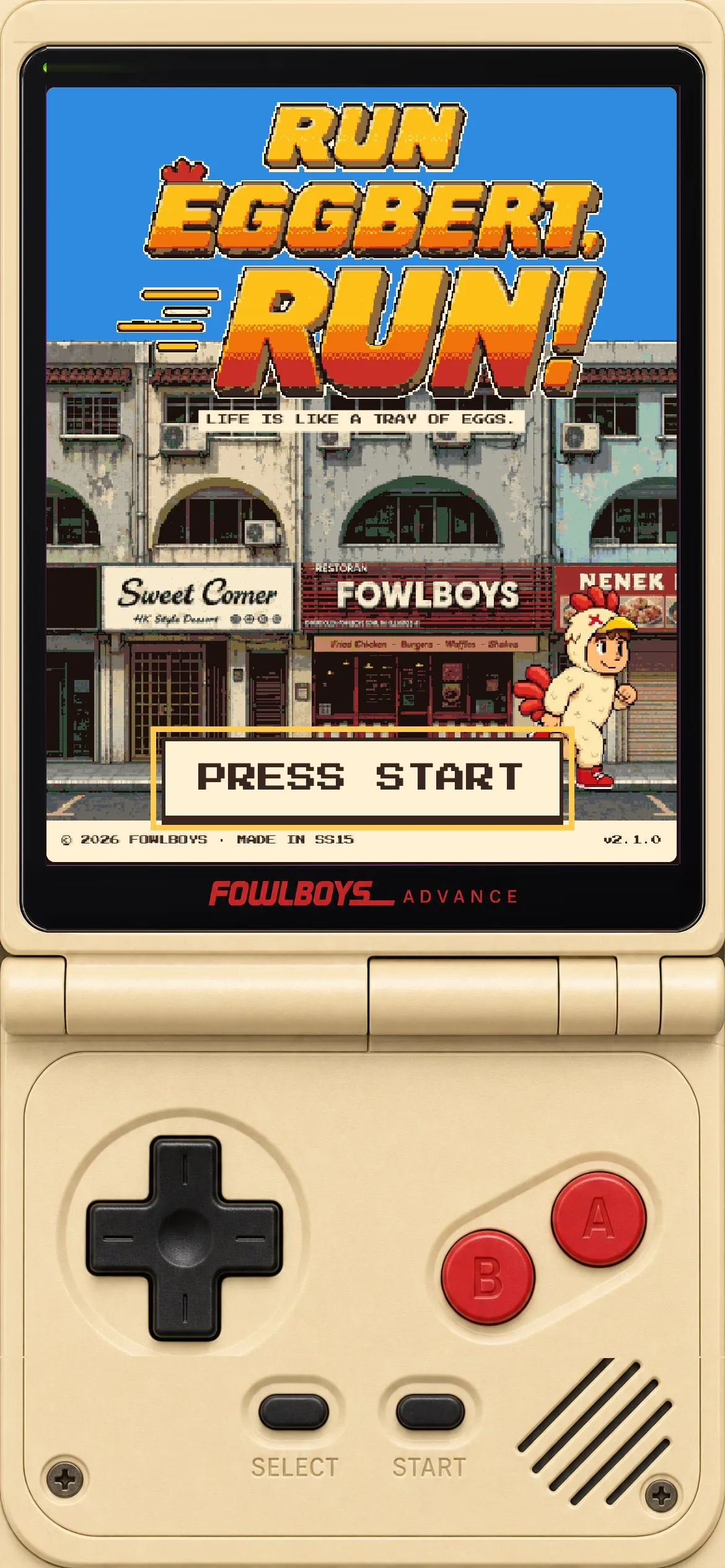 The game on a phone, framed as a handheld console with a d-pad
