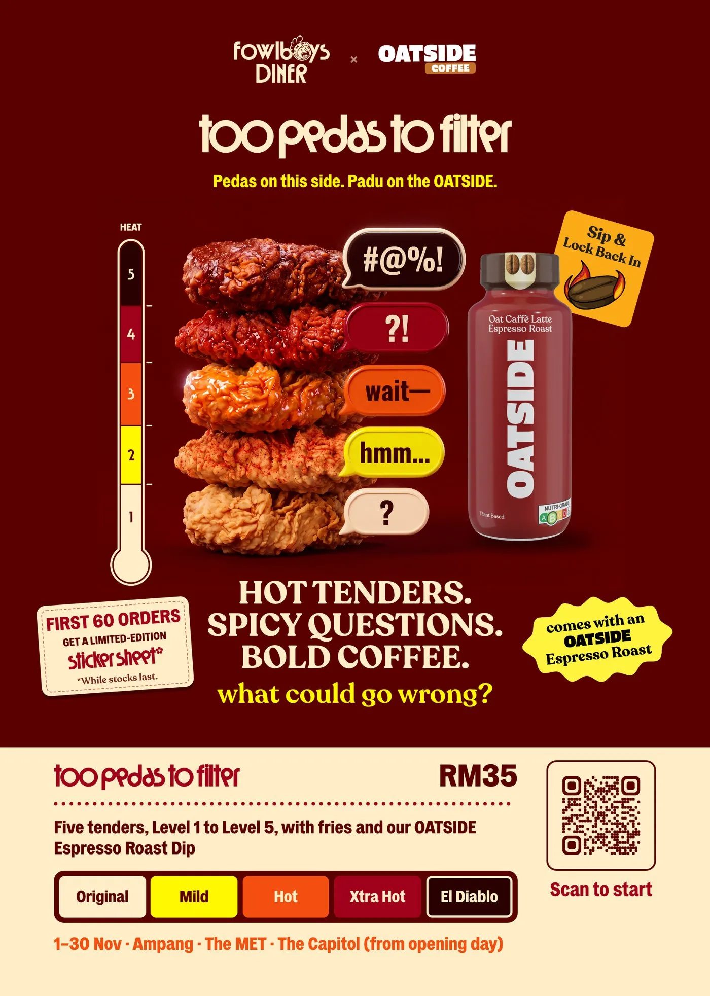 The A4 poster with the tender stack, the line hot tenders, spicy questions, bold coffee, the price and a QR code