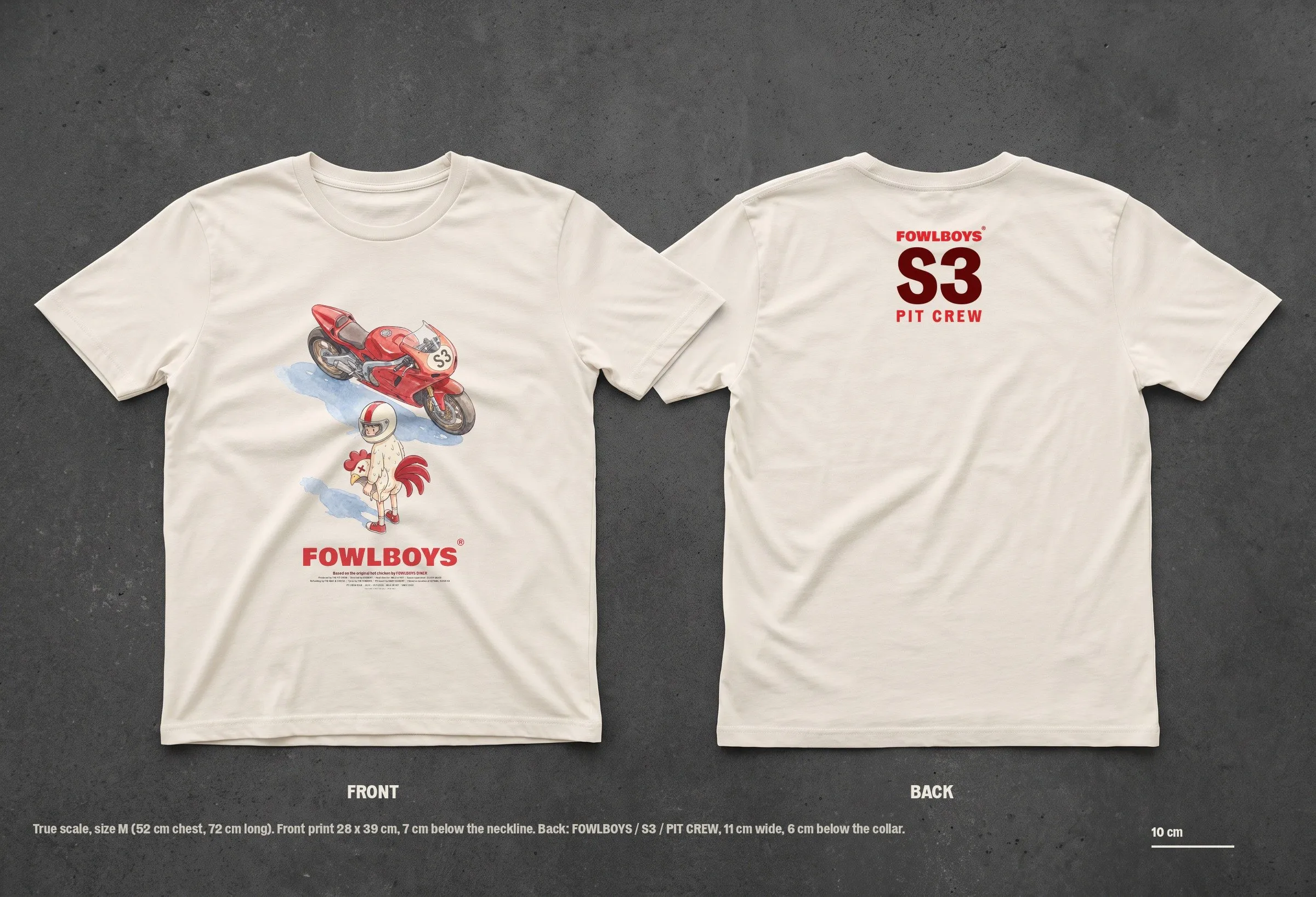 The crew tee, a watercolour of Eggbert walking to a red race bike on the front, and FOWLBOYS S3 PIT CREW on the back