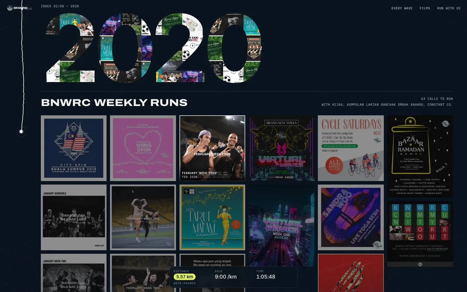 The 2020 section of the timeline, a grid of weekly run posters beside a run route line