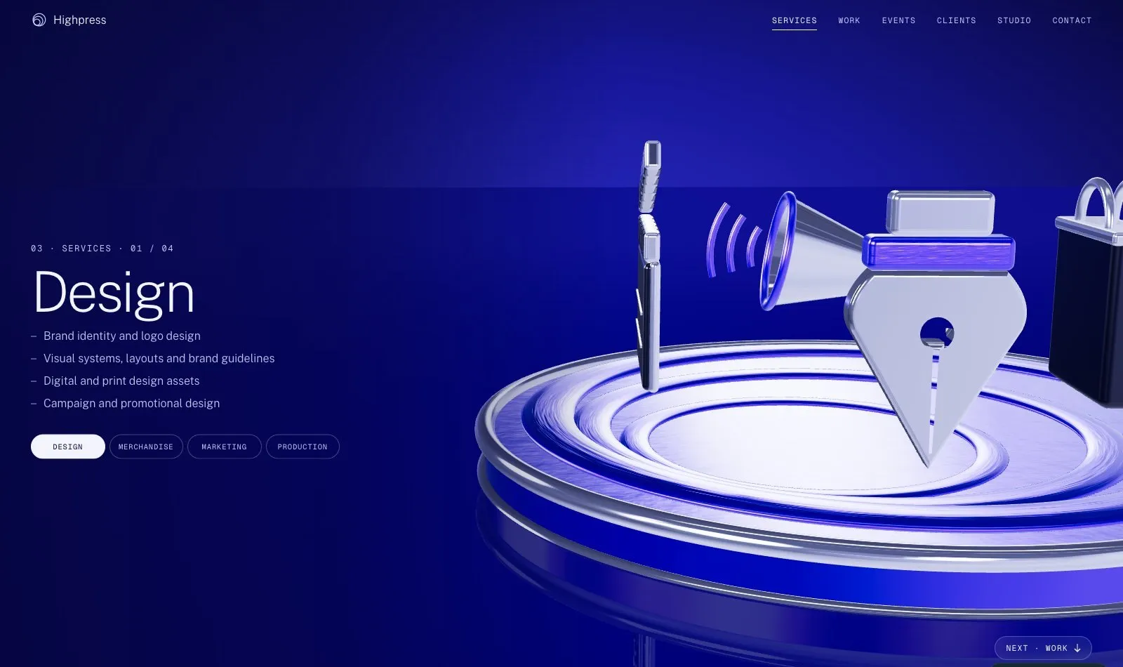 The Design service section, with 3D tools standing on the pressed disc
