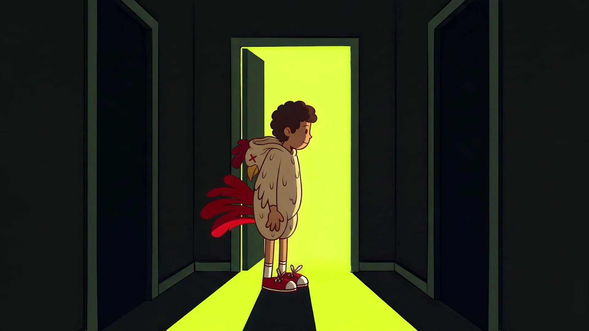Eggbert at a door spilling green light