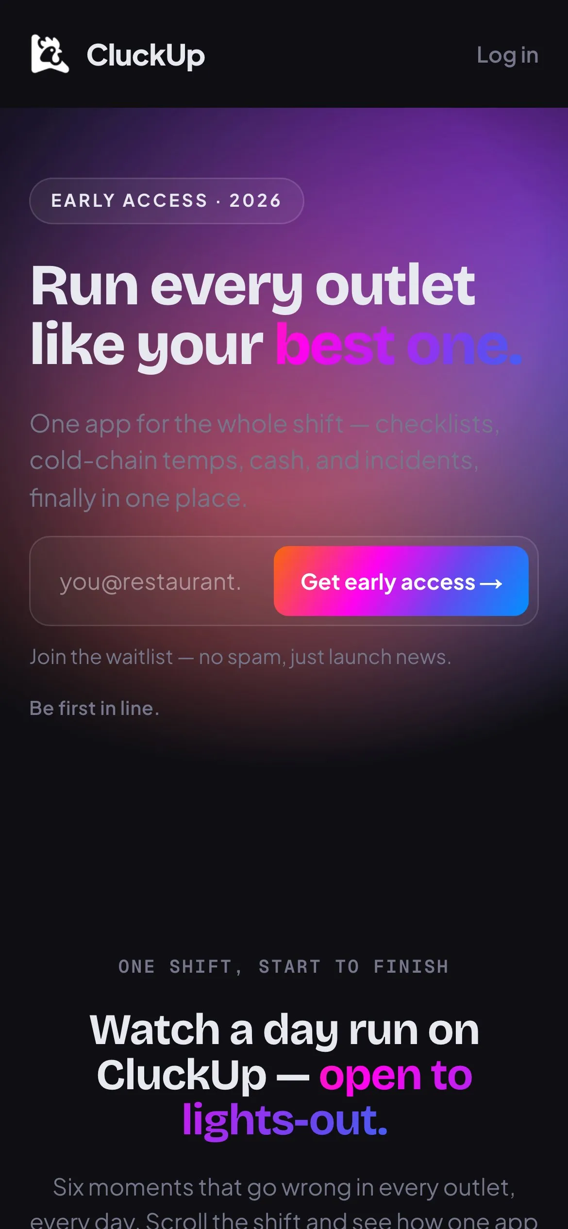 The CluckUp waitlist on a phone