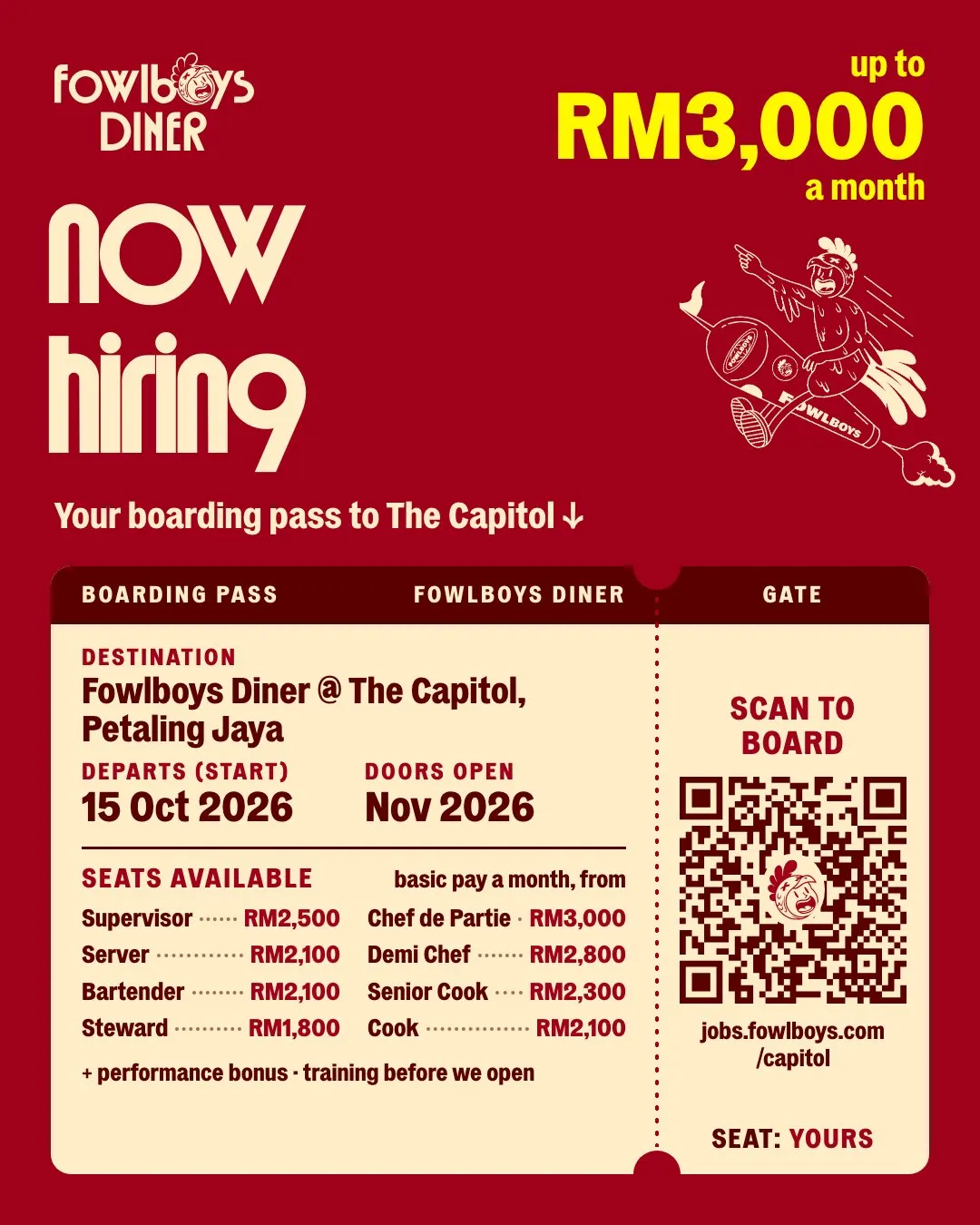 A hiring poster styled as a boarding pass to the new diner at The Capitol